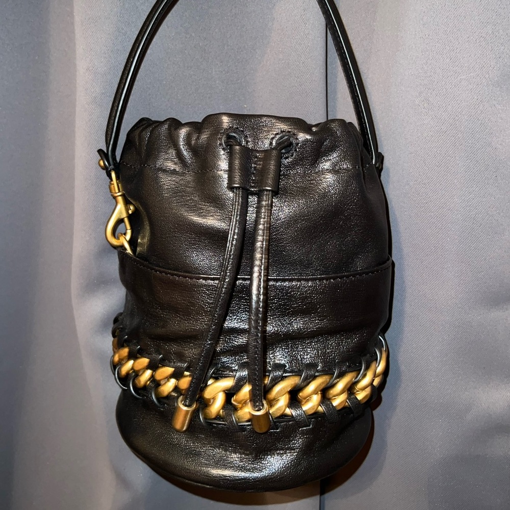 Rebecca Minkoff gold chain black bucket bag